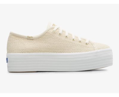 Keds Triple Up Metallic Woven Bağcıklı Ayakkabı Kadın Bej Rengi Altın | 6OlUpxN8