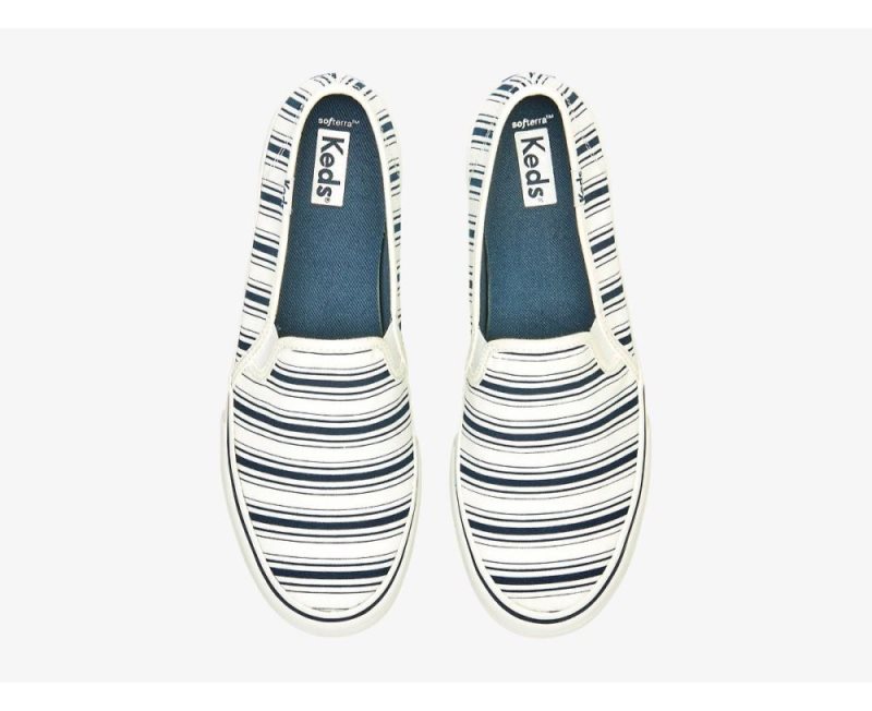 Keds Double Decker Kanvas Stripe Kanvas Ayakkabı Kadın Beyaz Lacivert | S5BaQ6X3