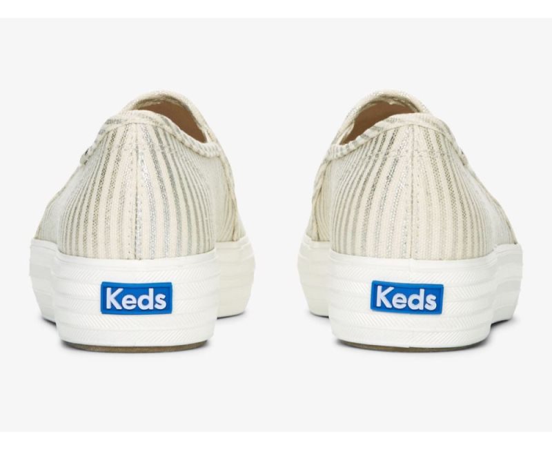 Keds Triple Decker Tekstil Pinstripe Platform Ayakkabı Kadın Bej Rengi Gümüş | vBnWXpc3