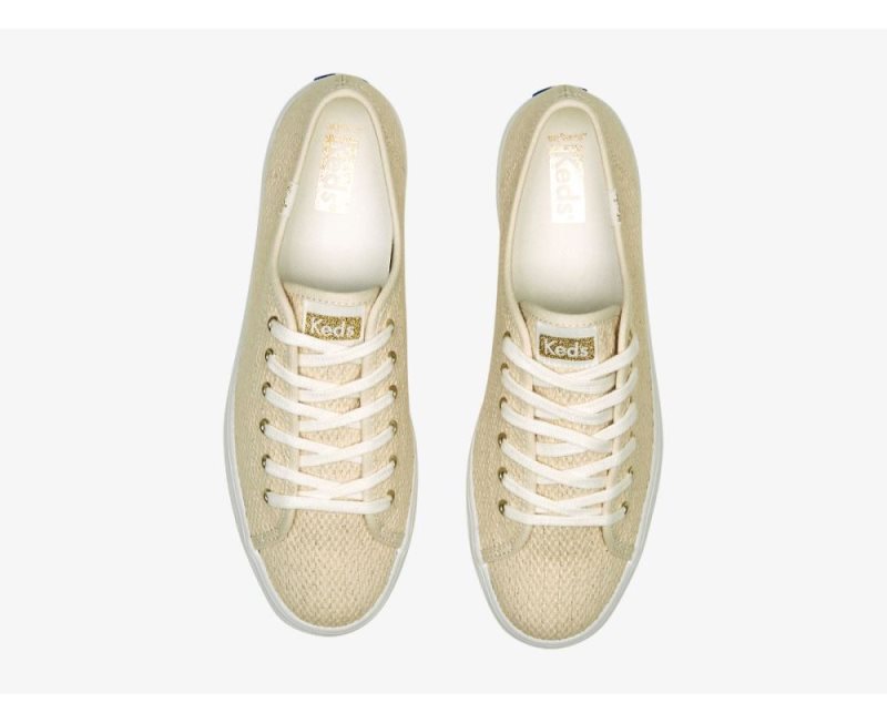 Keds Triple Up Metallic Woven Bağcıklı Ayakkabı Kadın Bej Rengi Altın | 6OlUpxN8